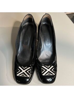 Massimo Baldi Black Patent Leather Heels White Black Buckle Size 8.5